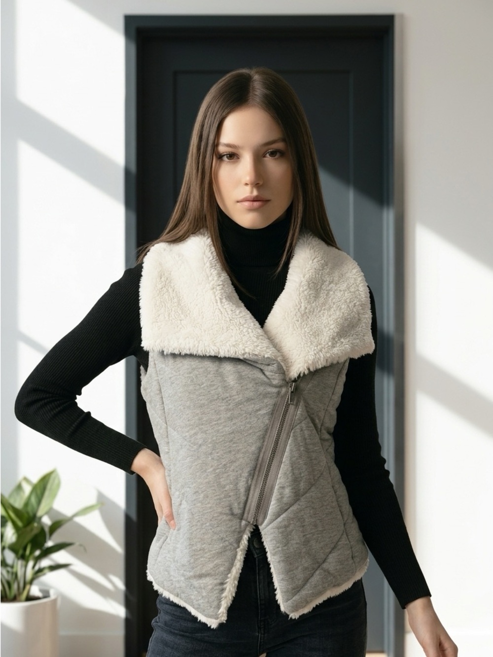 Armani Exchange Gray Quilted Puff Vest Luxurious Cream Faux Fur Lining-XS